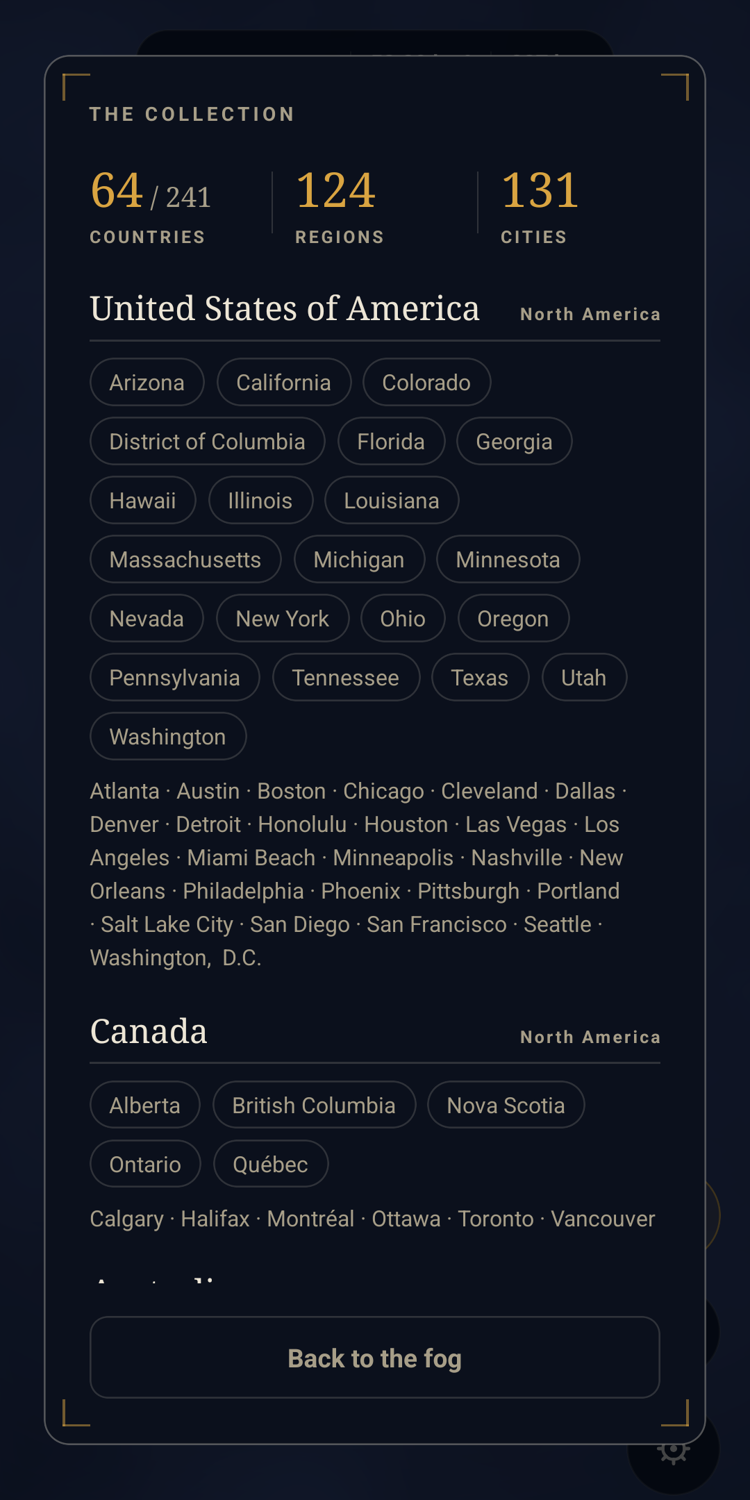 The Collection screen listing countries discovered on foot