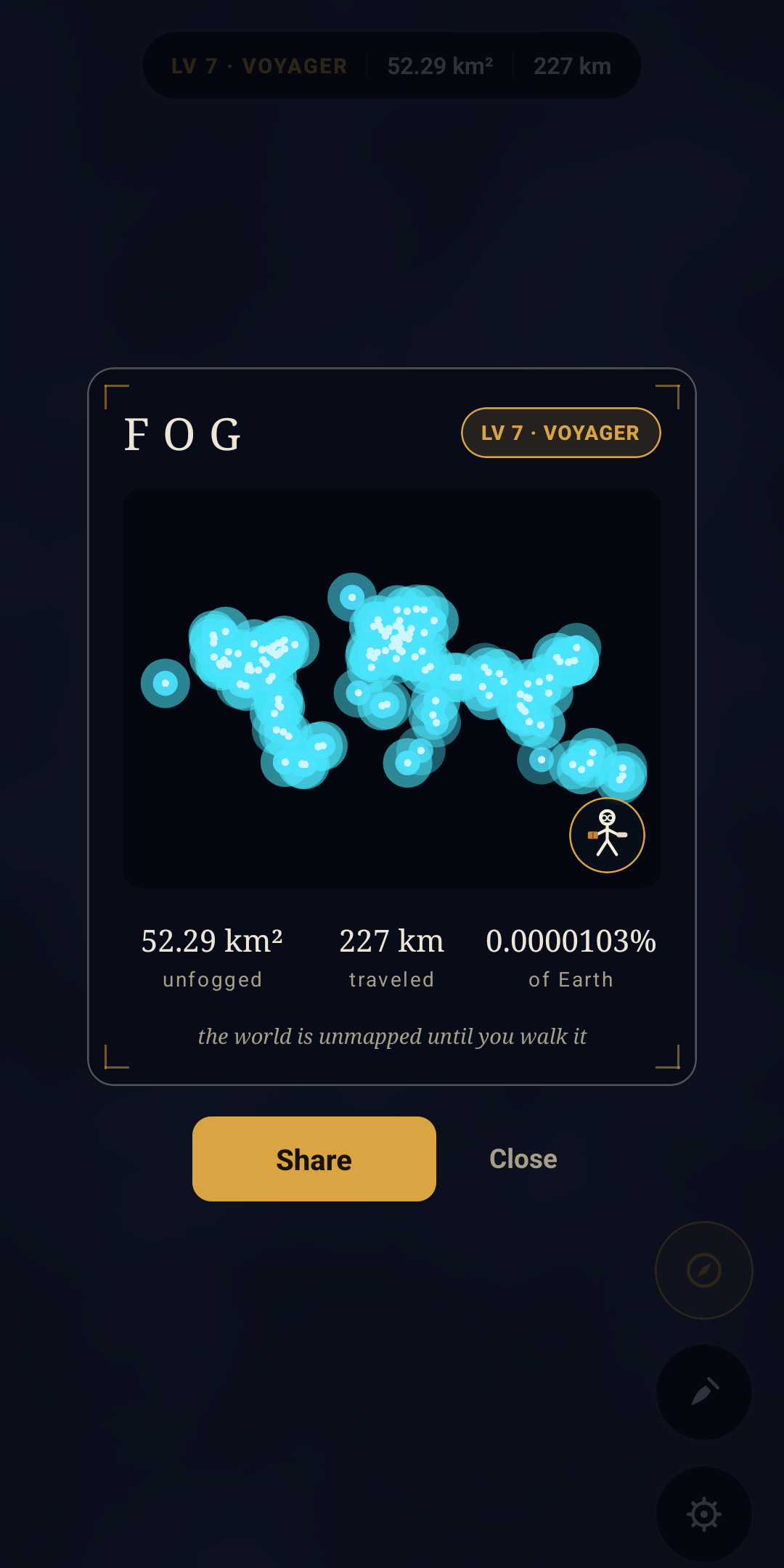 FOG share card: a walked trail drawing the world map in glowing dots