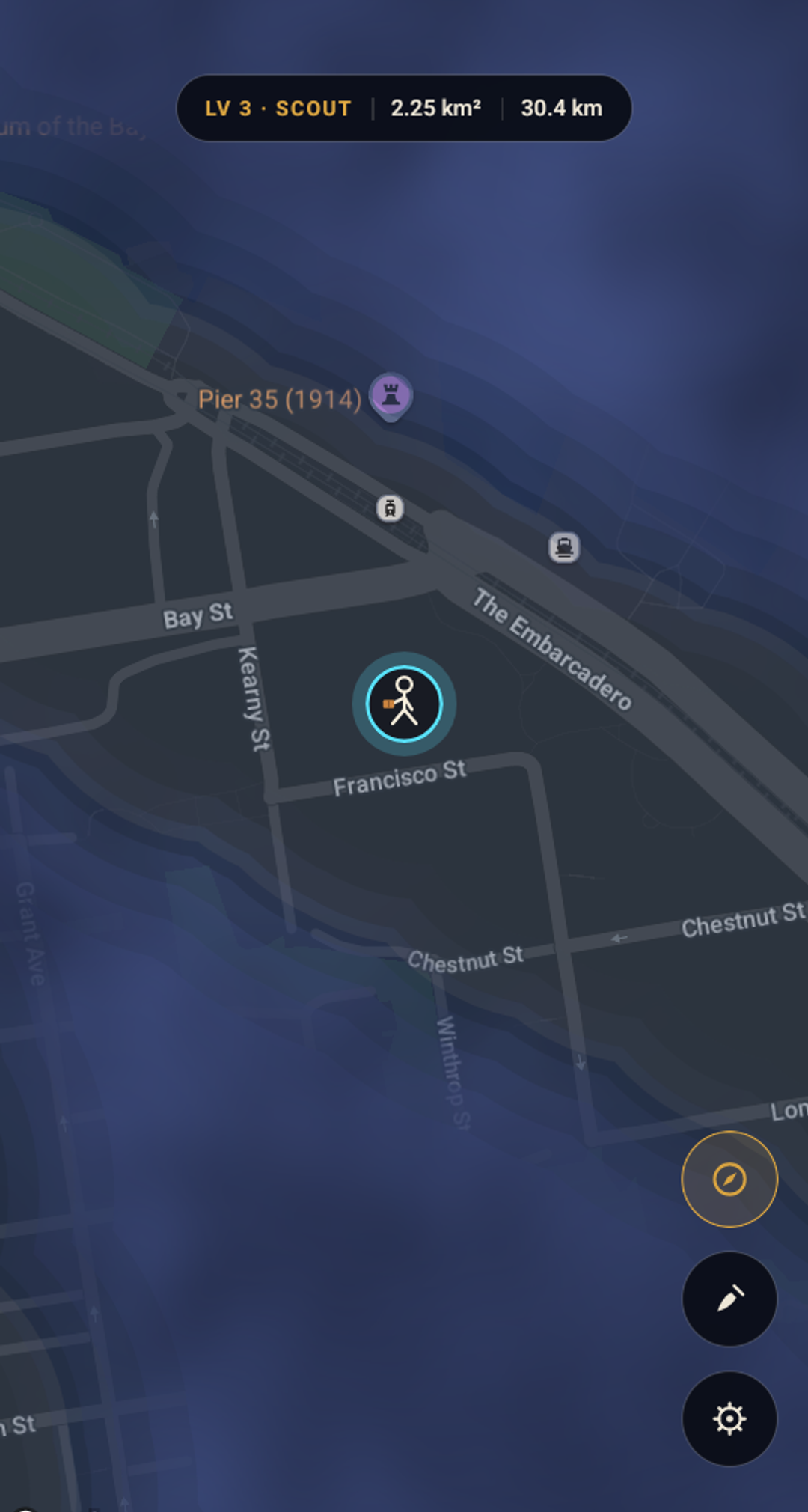 A lit walking trail cutting through the fog on the FOG map