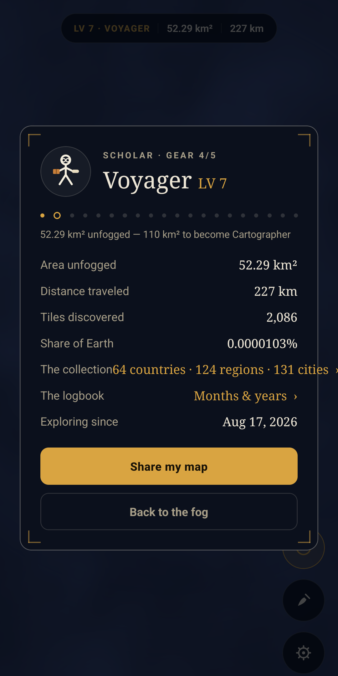 FOG stats screen with rank, area revealed and share of Earth